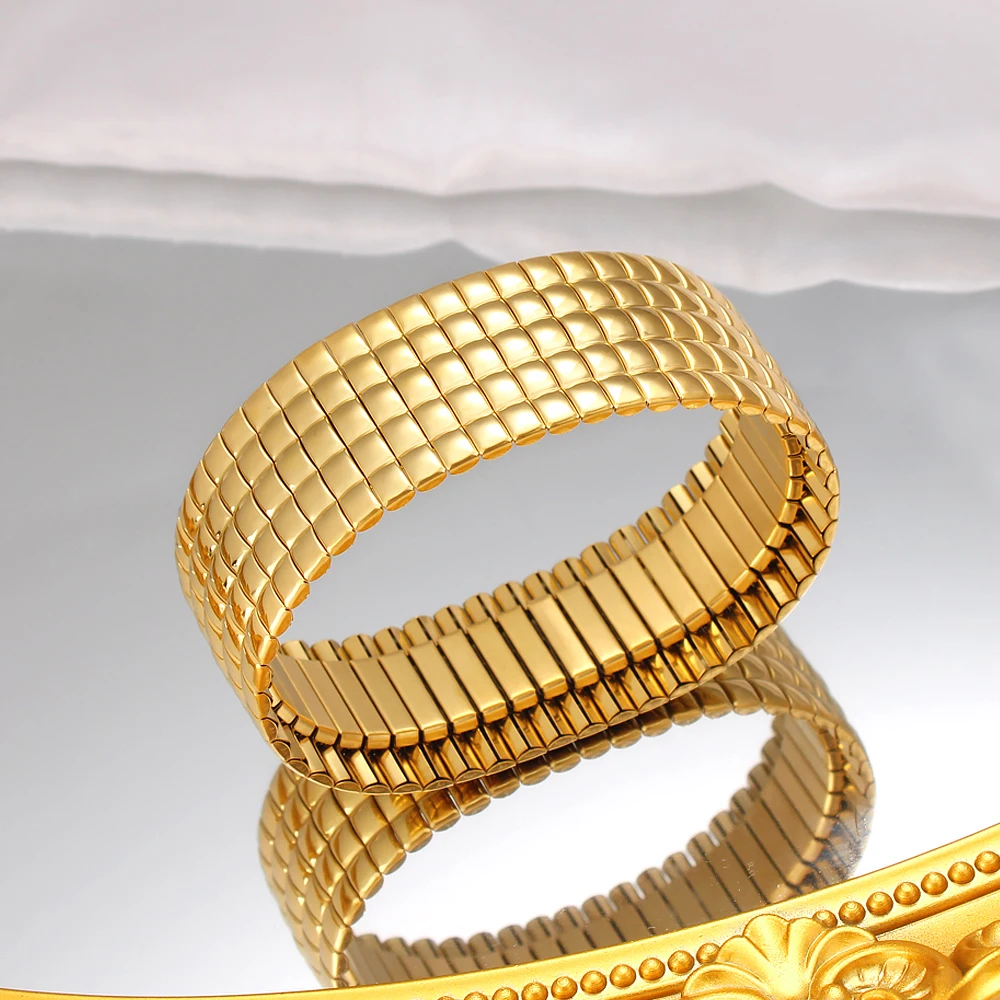 30mm Trendy Stainless Steel Elastic Metal Wide Bracelet Bangle Gold 18K PVD Plated High Quality Jewelry  Waterproof