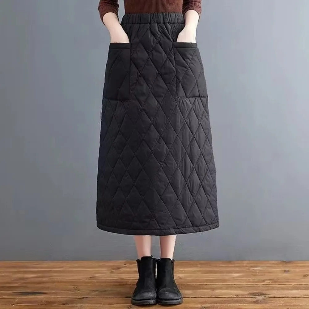 High Waist Midi Length Skirt Thickened Winter a-Line Outerwear Skirt Pocket Detail Quilted Diamond Quilted Cotton Skirt
