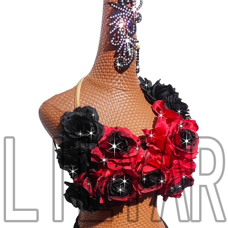 Robe de compétition de danse latine, robe de danse à la mode, jupe en diamant flash, fleur tridimensionnelle, noir et rouge, nouveau