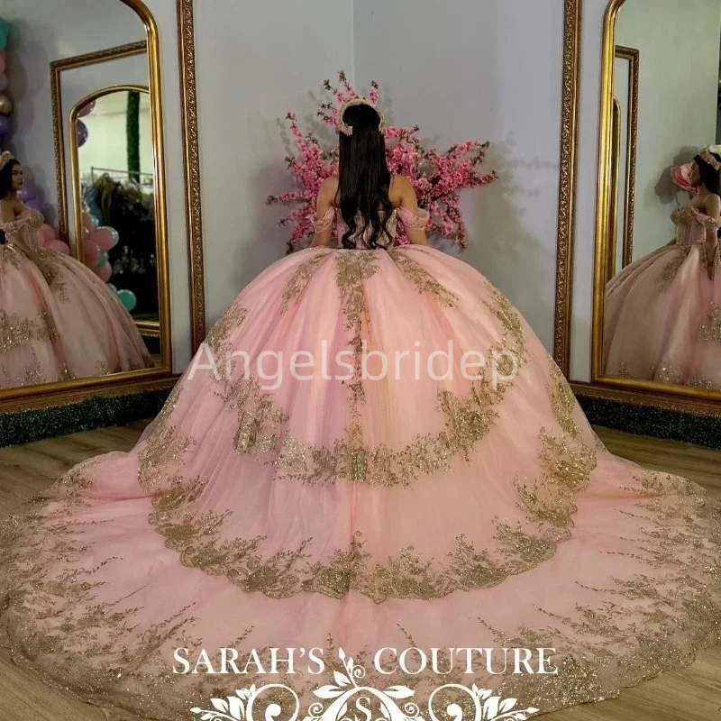 Angels bridep rosa glänzende Quince anera Kleider von der Schulter mit Gold applikation Spitze Perlen Tüll Ballkleid süße 16 Kleider