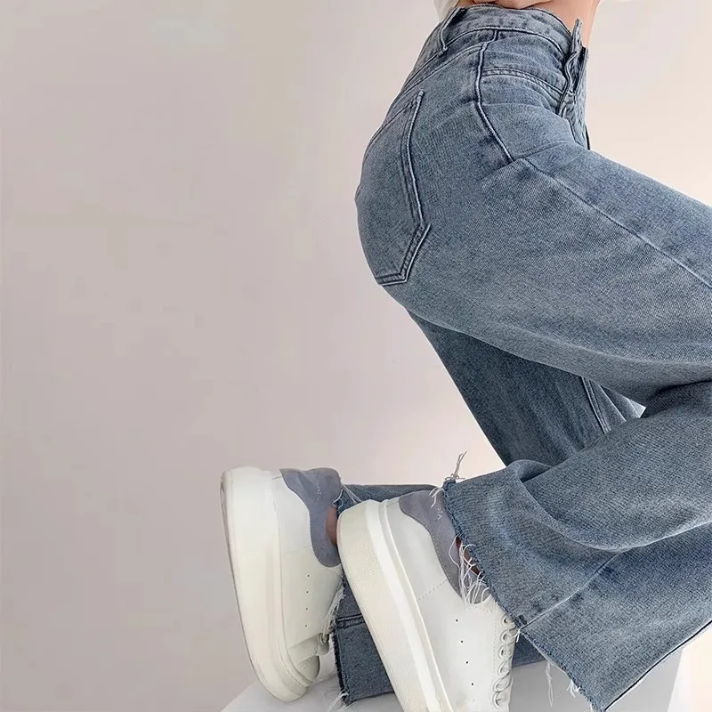 ハイウエスト ジーンズ レディース ルーズフィット ストレート レッグ パンツ ドレープ ワイドレッグ デニム パンツ