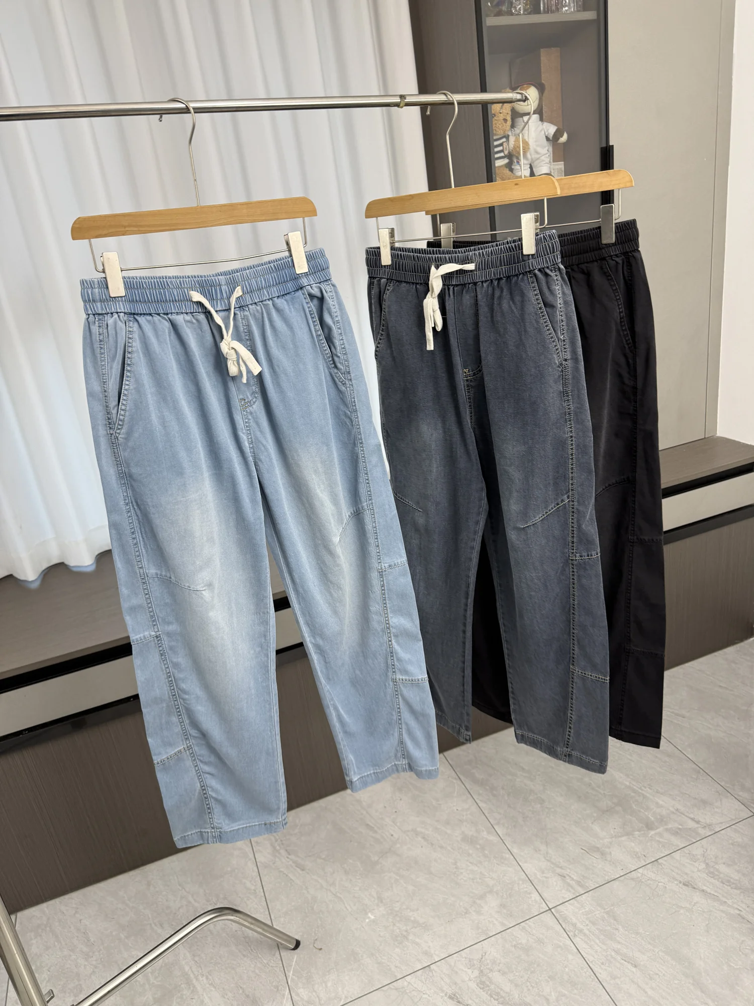 

American Retro Patchwork Design Men's Spring Loose Wide Leg Jeans Drawstring Straight Drapey Knife Casual Trousers