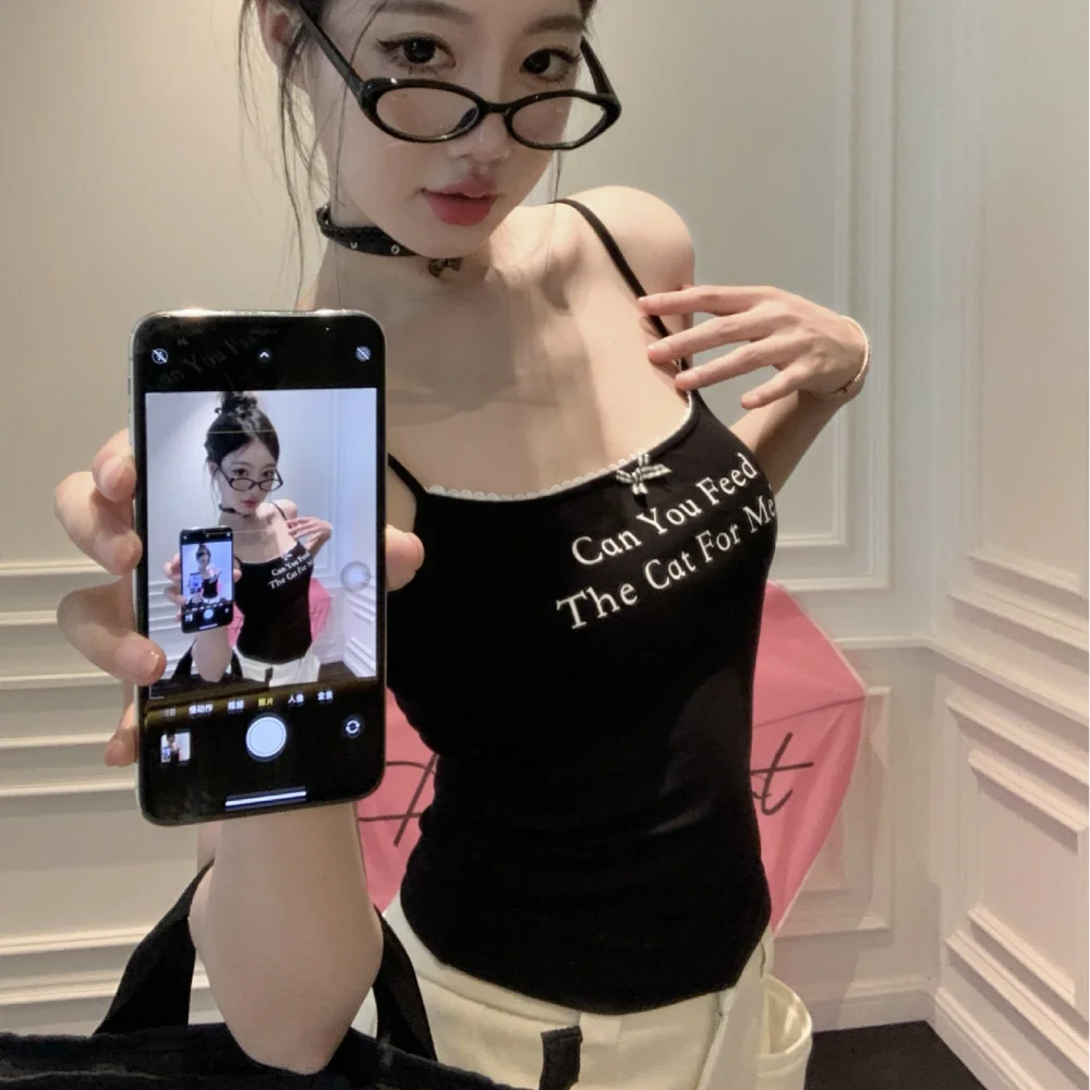 Fashion Lace Alphabet Print Suspenders Sleeveless Streetwear Small Lace Base Vest Patchwork Cami Shirts Women