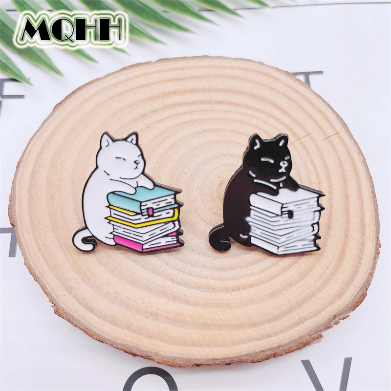 Cartoon Cute Animals Cats Reading Books Learning Enamel Pins Black Kittens Reading Books Fun Alloy Brooch Clothes Accessoriess