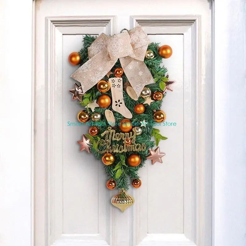 E1PB Beautiful Front Door Wreath Christmas Home Decoration Inverted Tree with Bowknot