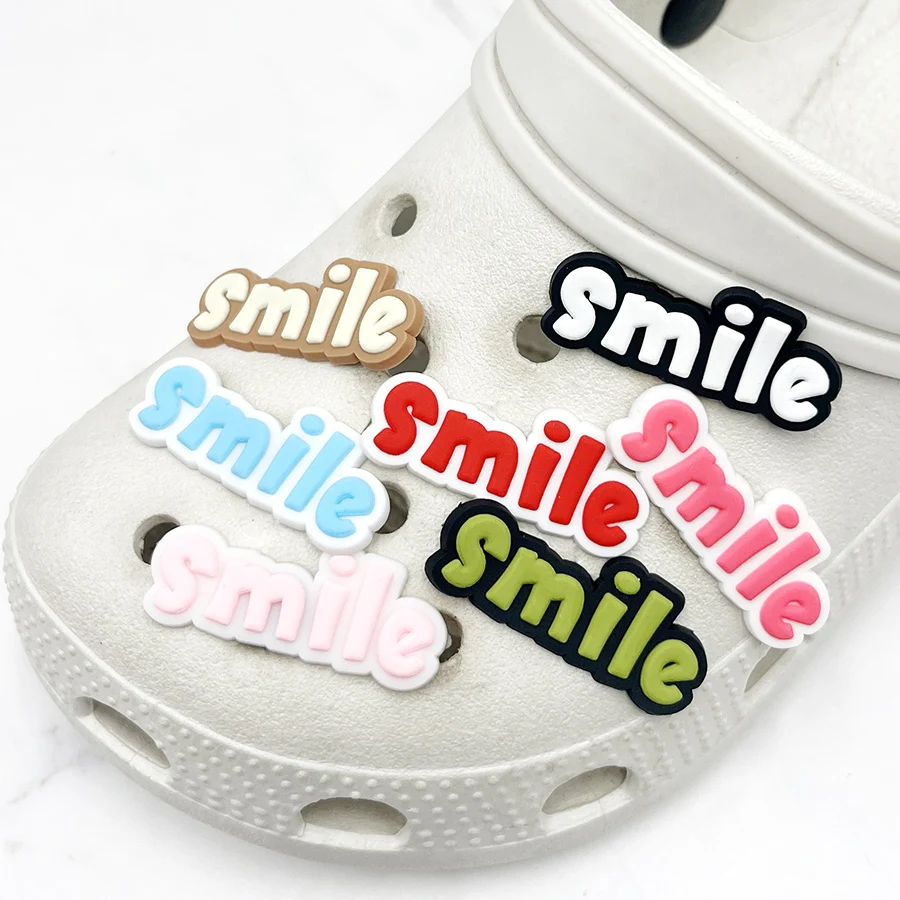 1Pcs Colorful Smiling Text PVC Shoe Charms Accessories Funny DIY Shoes Upper Pins Decoration Sandals Buckle Kid X-mas Party Gift