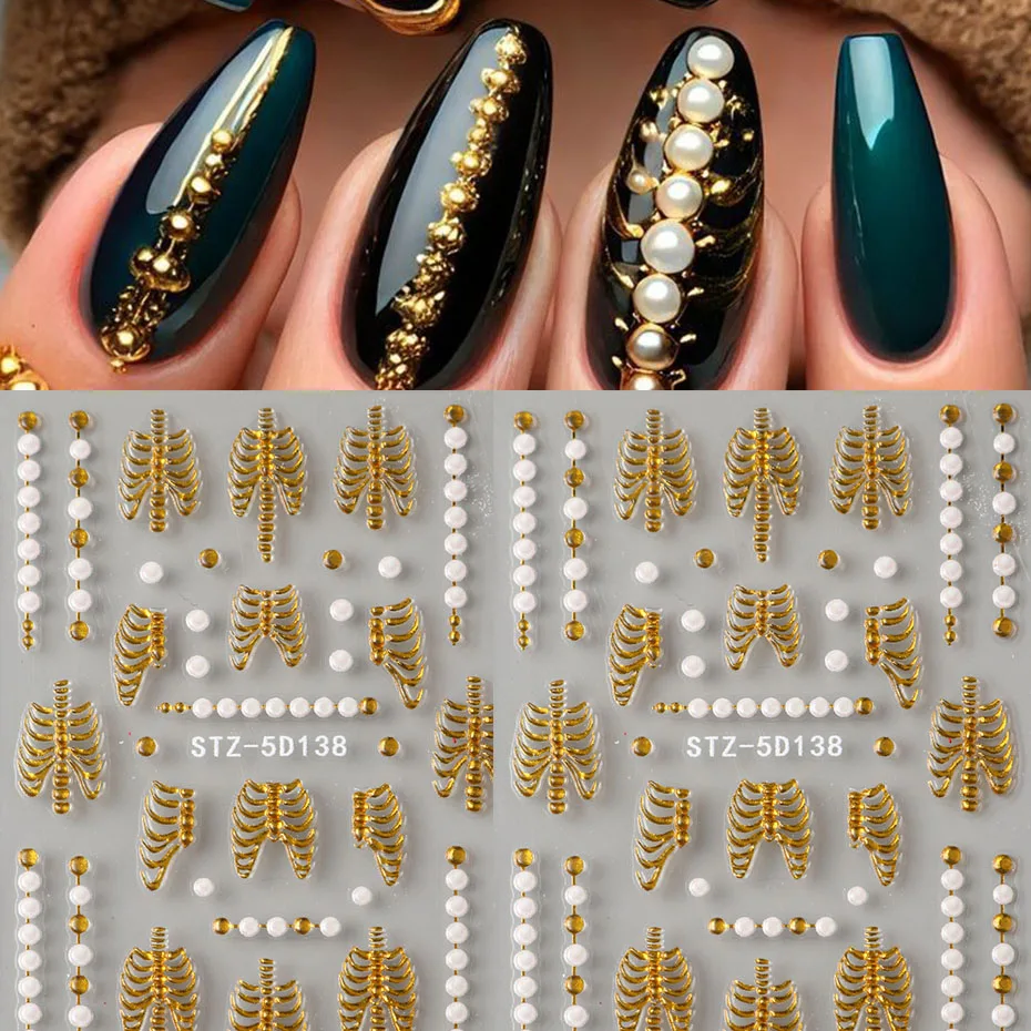 Cage à ruban de crâne d'halloween 5D, décoration de manucure auto-adhésive en relief sur le thème d'halloween avec décalcomanie d'ongle d'os de main Vintage Rose dorée