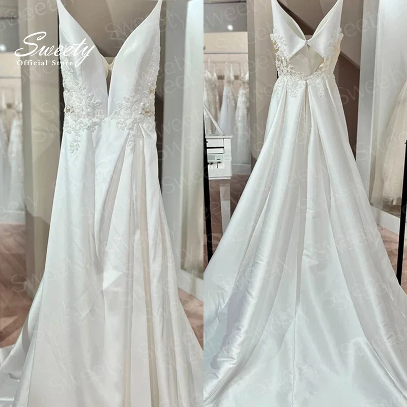 

Graceful Wedding Dress Taffeta With Beading A-Line Floor Ball Gown V-Neck Sleeveless Backless Customized Robe MariéE Satin