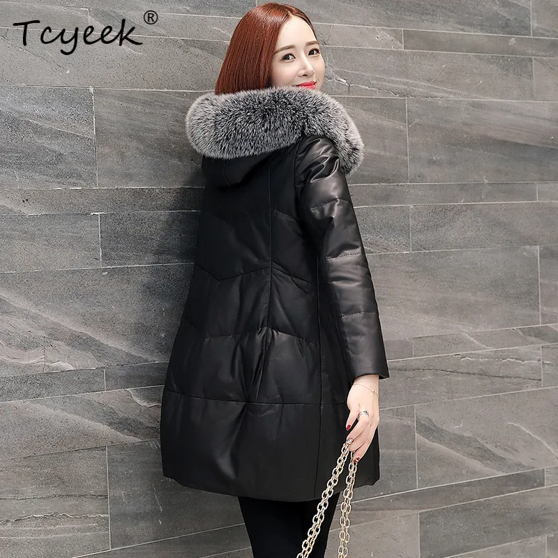 Tcyeek Schaffell Weiße Entendaunen Herbst Winter High-End-Kapuze Schwarz Mittellange Damen-Echtlederjacke Jaqueta Couro