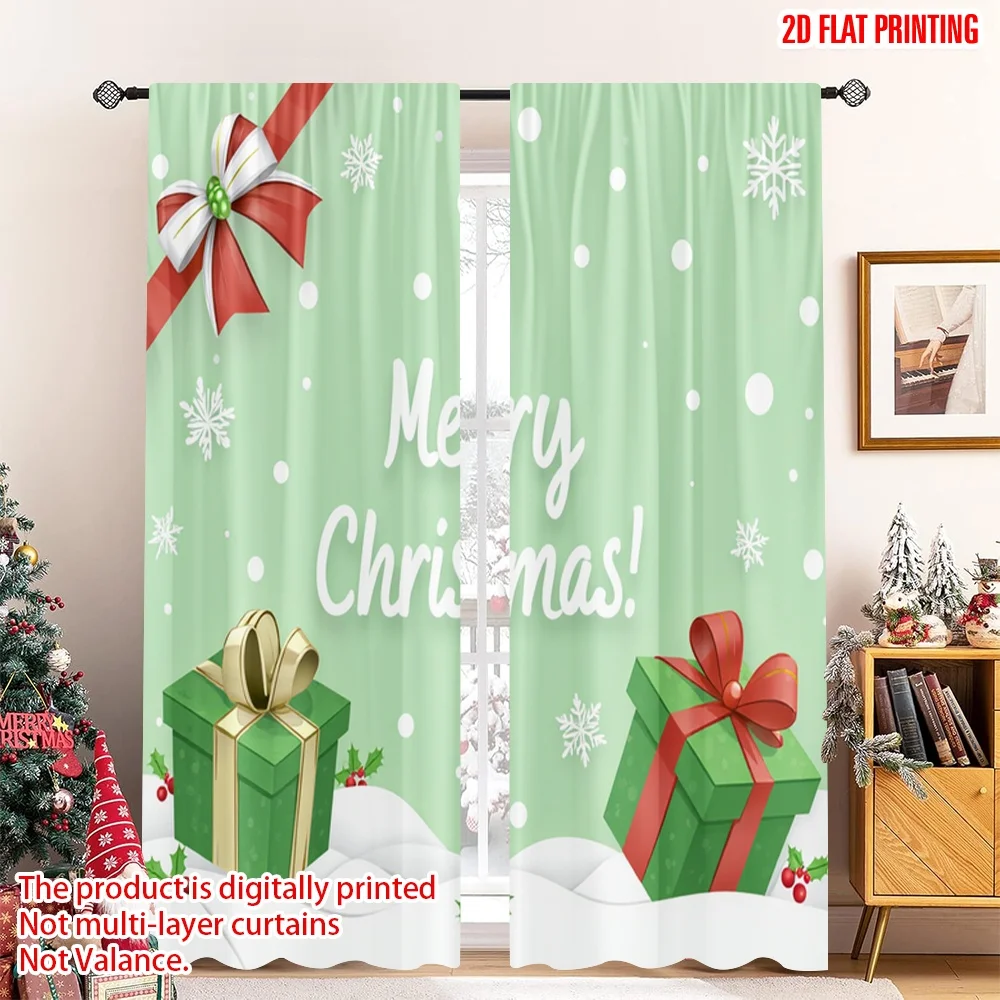 

2pcs 2D flat printing Christmas Curtain Merry Christmas Gift Bow Tree Fabric Without Electricity Holiday Decorations Use for
