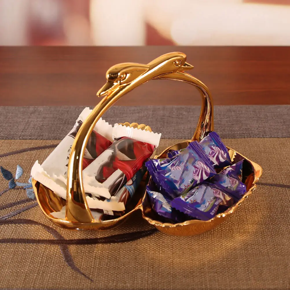 1Pcs Premium Metal Fruit Tray Double Swan Style Candy Plate for Living Room Kitchen Table Display Snack Chocolate Dried Fruit