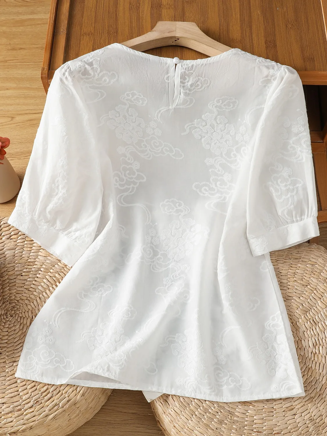 T-shirt ricamata in puro cotone Ele da donna estiva sottile ort Sve irt cinese Sle Cloud Pattern Top traspirante