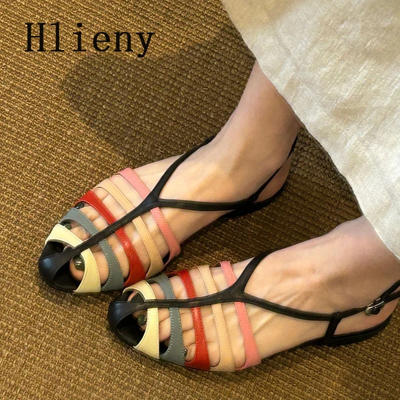 

Hlieny Retro Flat Heel Sandals Women's Summer New Fashion Mixed Color Narrow Band Buckle Strap Round Toe Casual Beach Shoes