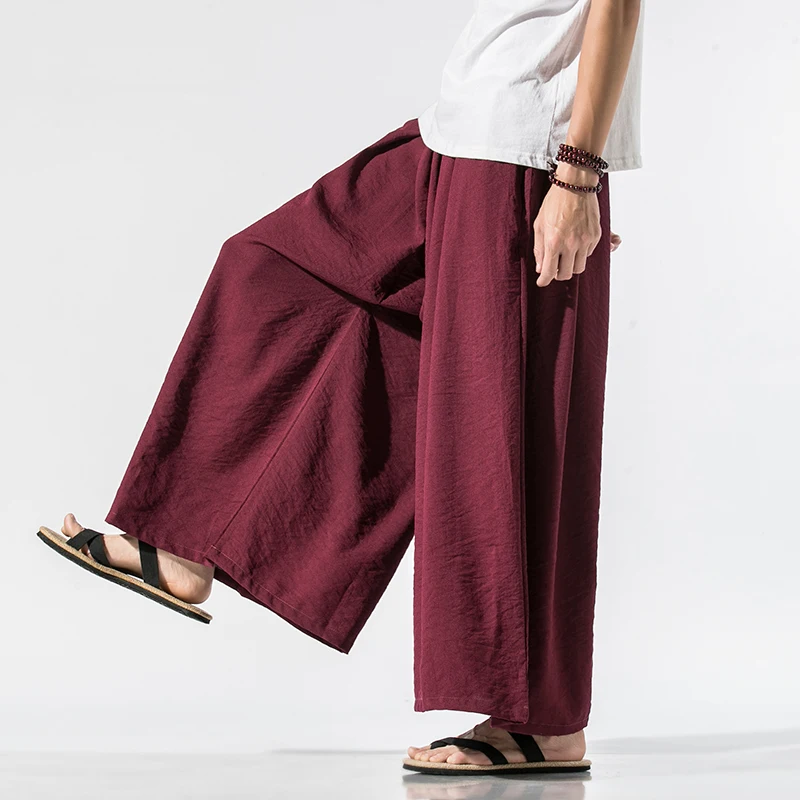 

2023 Spring Mens Chinese Style Draped Wide Leg Pants Man Traditional Linen Baggy Pants Male Cotton Hanfu Skirt Trousers M-3Xl