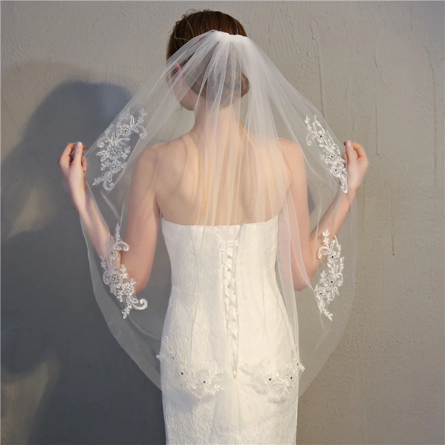 

New Arrival White Ivory Short Wedding veils for Bride Velo de novia Lace Beaded Bridal veil Wedding accessories Voile de mariée