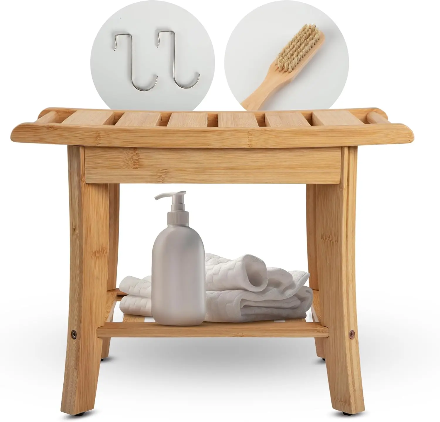 

Bamboo Shower Stool Bench Waterproof with Storage Shelf, Includes 2 metal hanging hooks, 1 foot brush. Perfect for Shaving Le