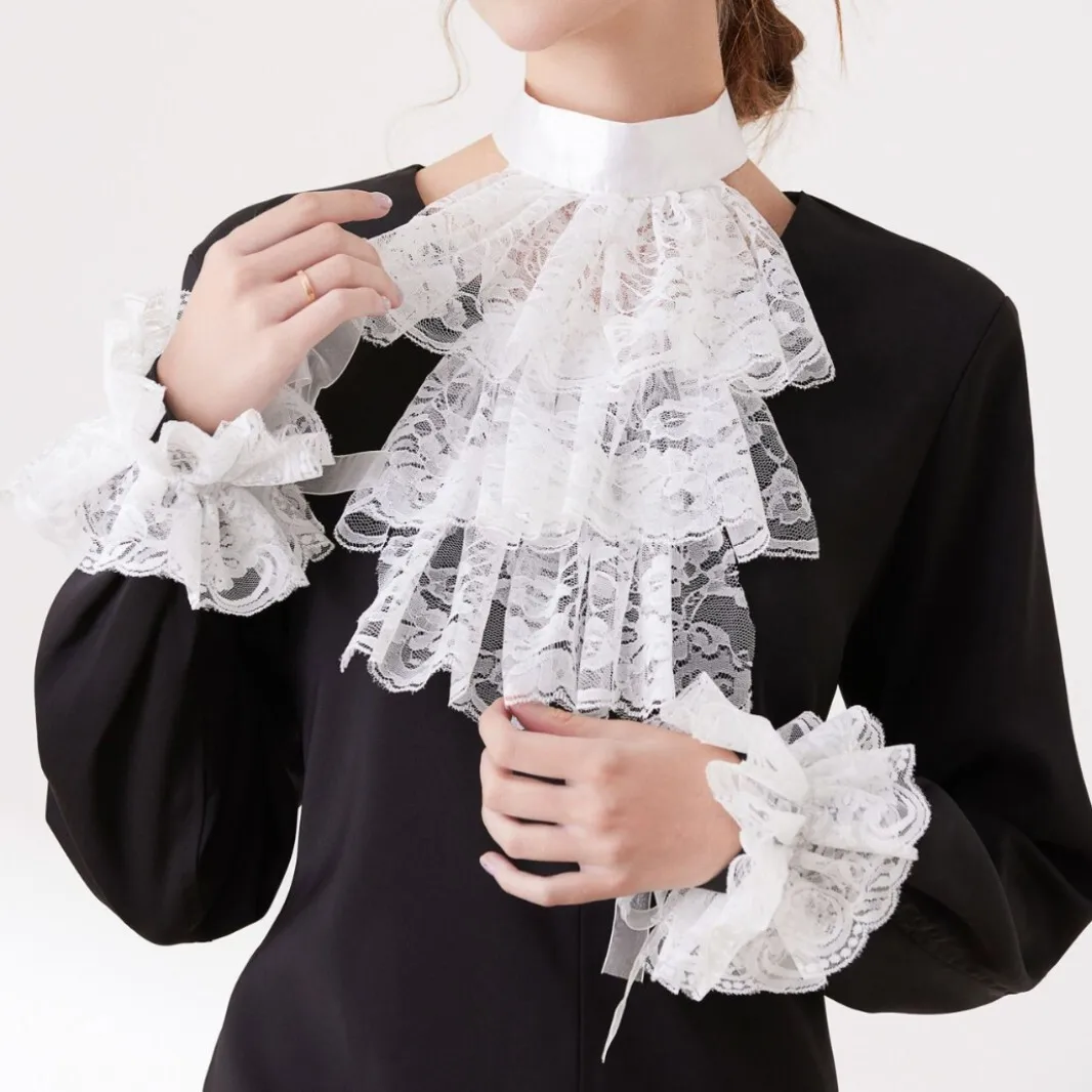 

Black and White Lace Hand Sleeves Palace Ruffle Lotus Leaf Collar Flower Neck Warmer Gloves Set for Women Wedding Costume
