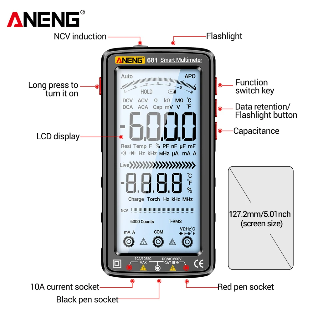 ANENG 681 Rechargable Digital Professional Multimeter Non-contact Voltage Tester AC/DC Voltage Meter LCD Screen Current Tester