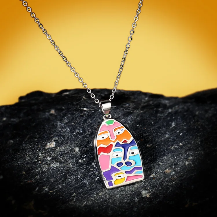 Creative Enamel Set Family Cartoon Girl Ring Necklace 925 Silver Fashion Drop Glue Jewelry Party Birthday Gift Wholesale