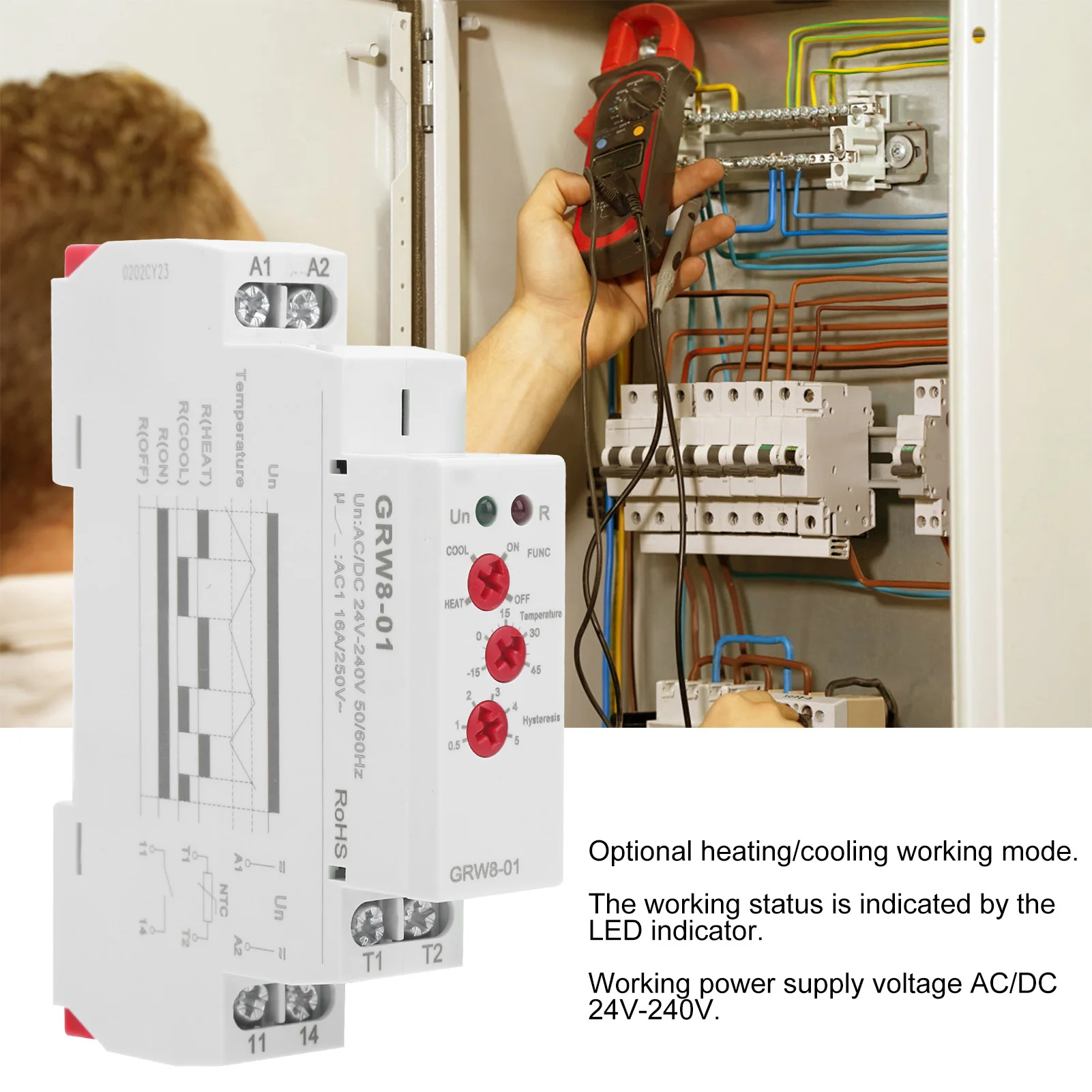 Temperature Control Relay LED Indicate High/Low Temperatures Monitor with Probe GRW8-01 Relay Controller Temperature Controller