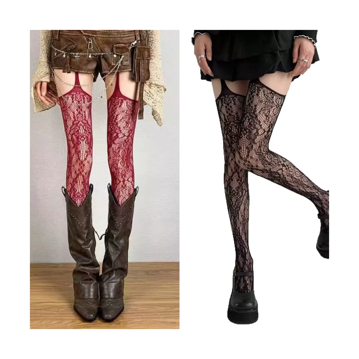 

New Print Knee High Socks Women Sexy Fishnet Thigh High Stockings with Suspender Floral Retro Pattern Japanese Lolita Long Socks