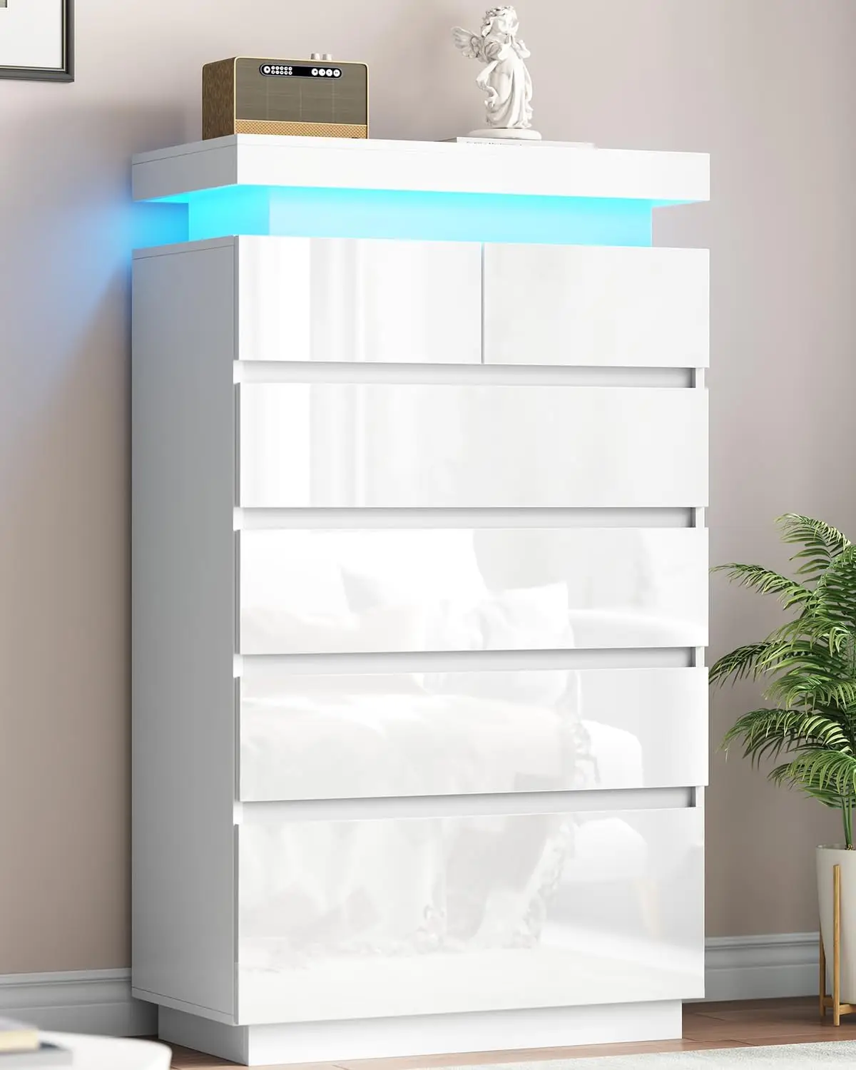 6 Drawer Dresser For Bedroom With Led Lights, White Modern High Gloss Chest Of Drawers For Closet, Tall Drawer With Adjustable