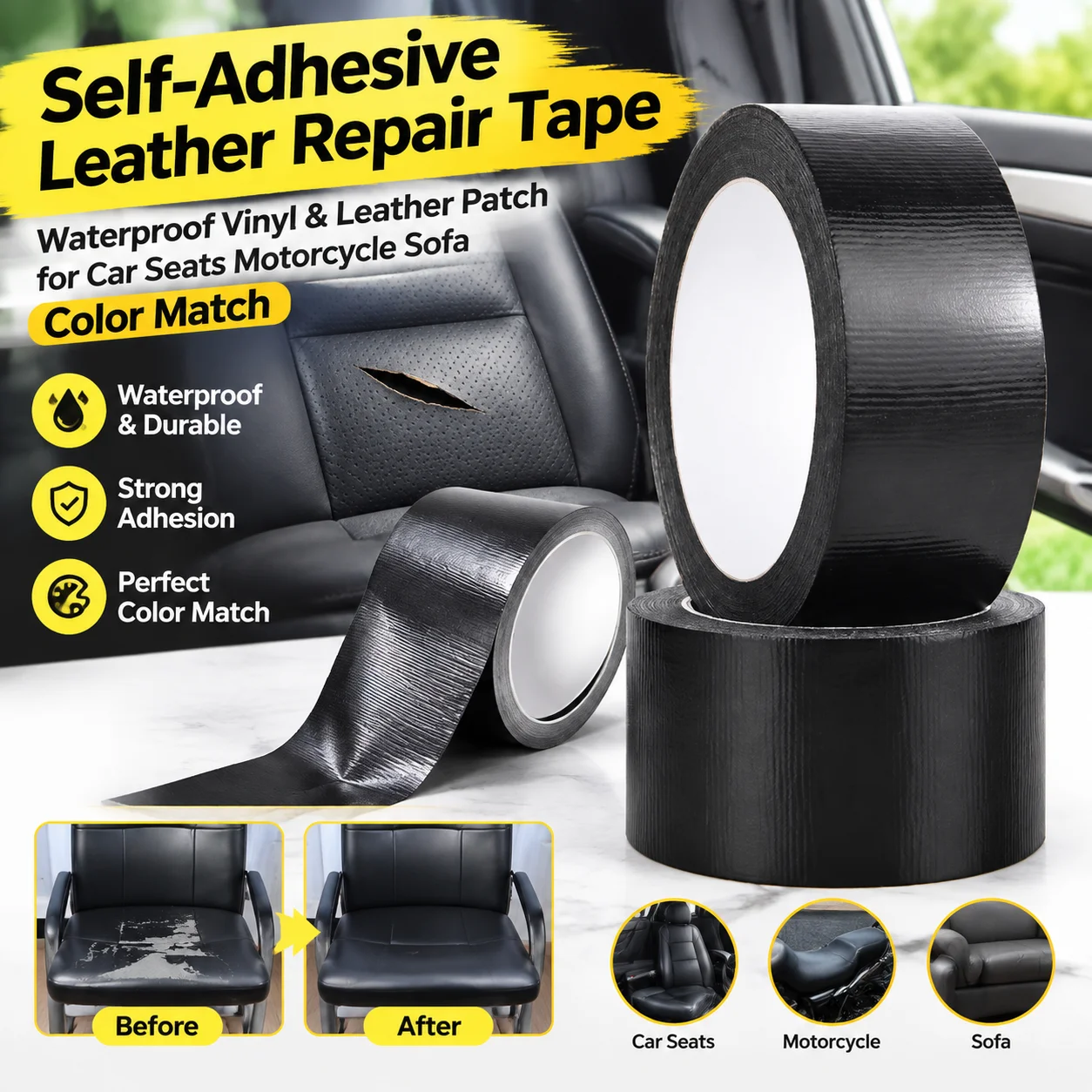 Self-Adhesive Leather Repair Tape Waterproof Vinyl & Leather Patch for Car Seats Motorcycle Sofa Color Match