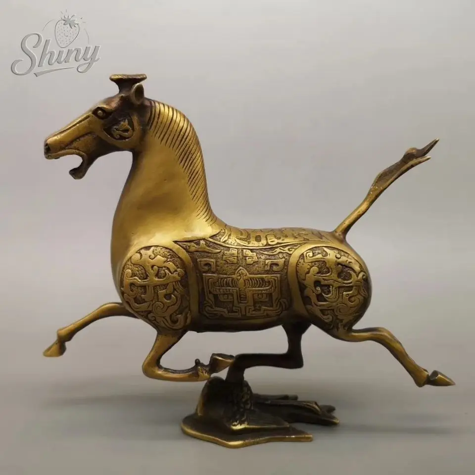 

8.6" Antiques Old Chinese Copper Gilt Fengshui Horse Tread Fly Swallow Statue