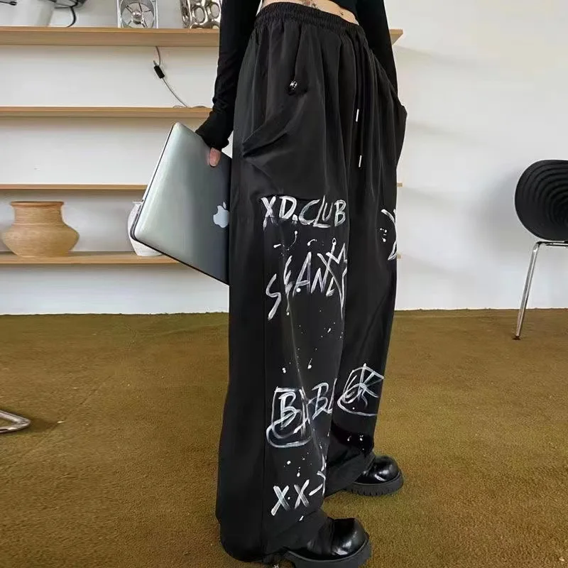 American Streetwear Cargo Pants New Hand Painted Graffiti Pants Drawstring Design Wide Leg Trousers Straight Leg Chic Slack Y2k