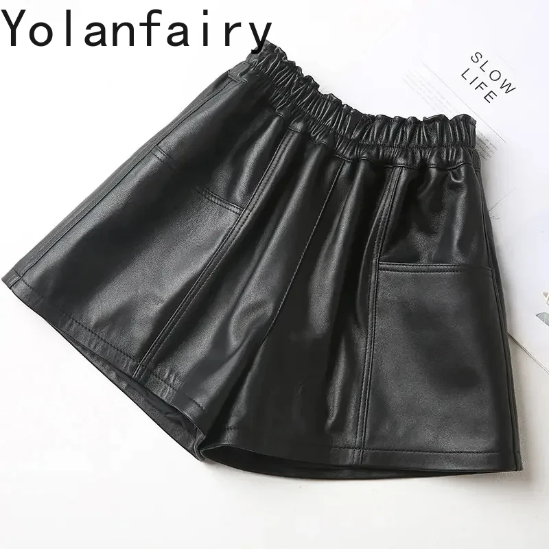 

Genuine Sheepskin Leather Shorts for Womens Clothes 2024 Elastic Waist Black Shorts Women Korean Fashion Wide Leg Short Pants