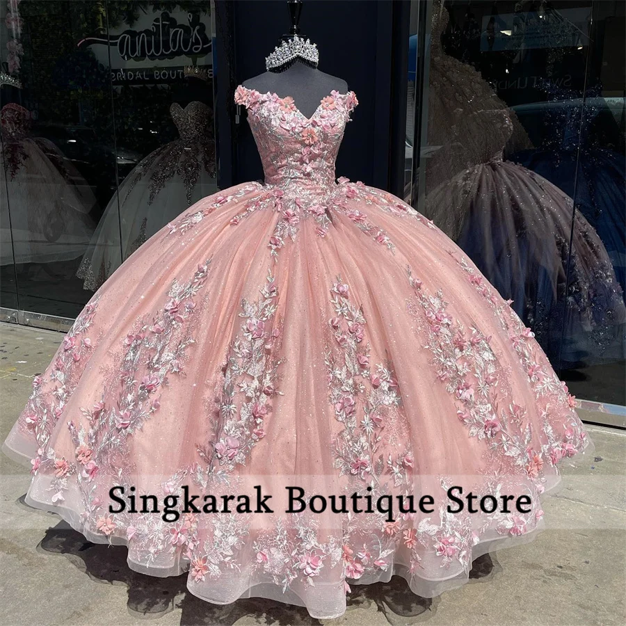 Peach Flowers Princess Quinceanera Dress Applique Lace Beads Crystals Ball Gown Vestidos De 15 Años 16th Birthday Party Gown