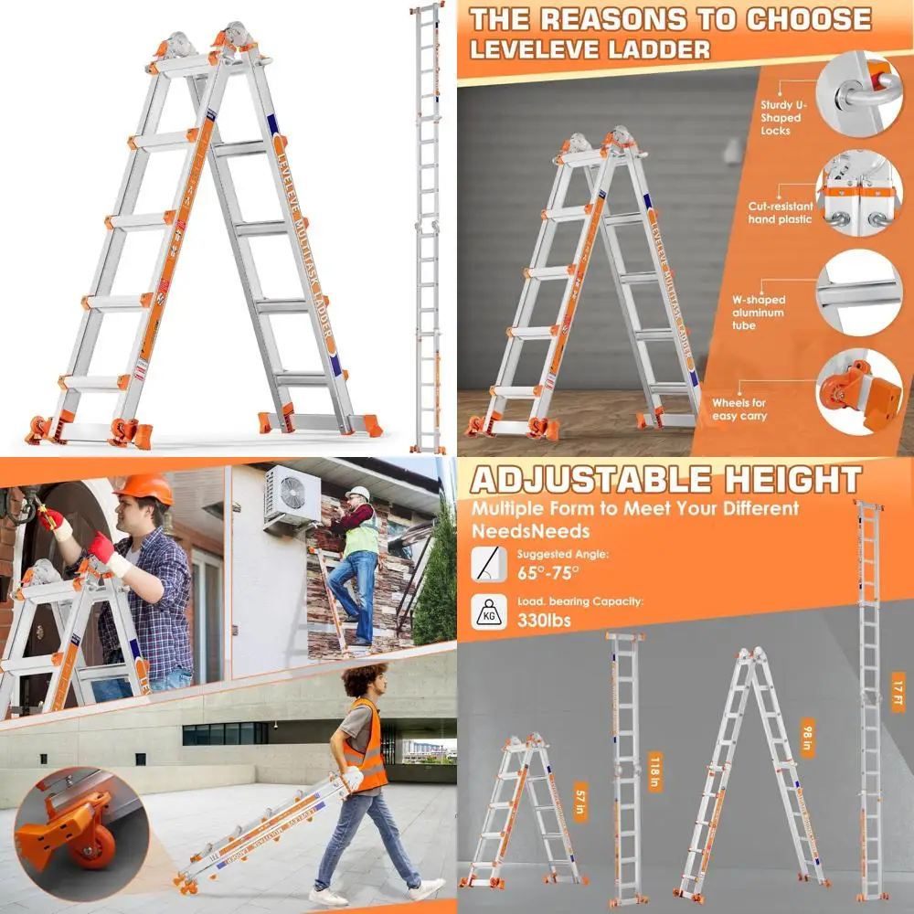 سلم تمديد متعدد المواضع بطول 17 قدم مع مثبت وعجلات، سعة تحميل 330 رطل، مثالي للسلالم وأغراض أمنية #1