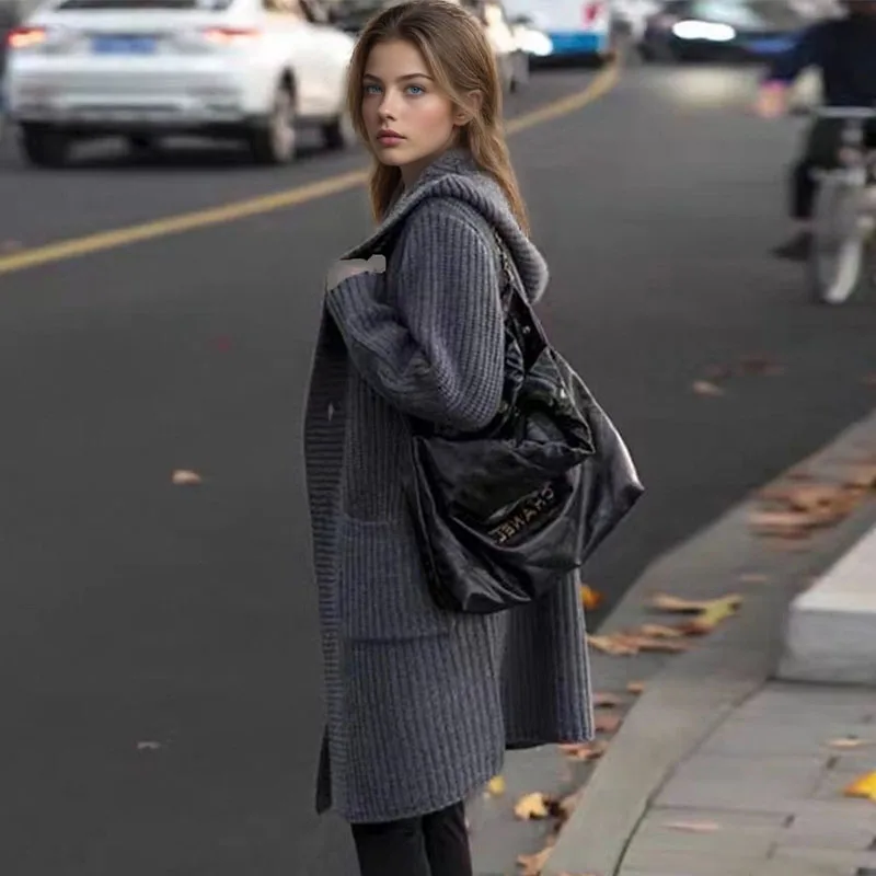 

Осенне-зимний женский вязаный свитер больших размеров с капюшоном, модный темпераментный серый толстый кардиган средней длины