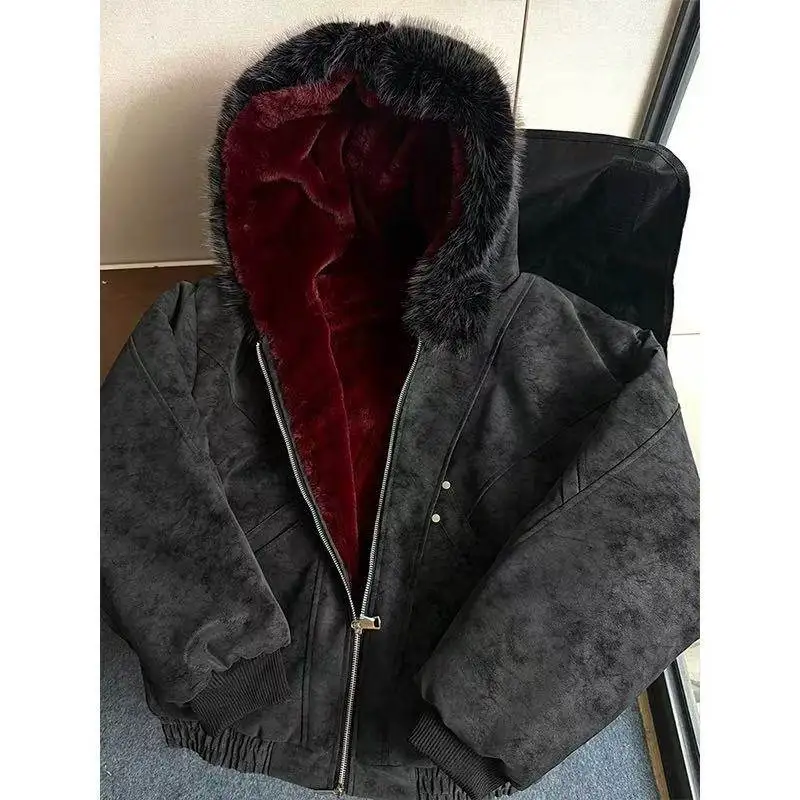 Red Faux Fur Lining PU Leather Winter Coat Man Woman Winter Warm Thicken Fleece Hooded Jacket Padded Coats