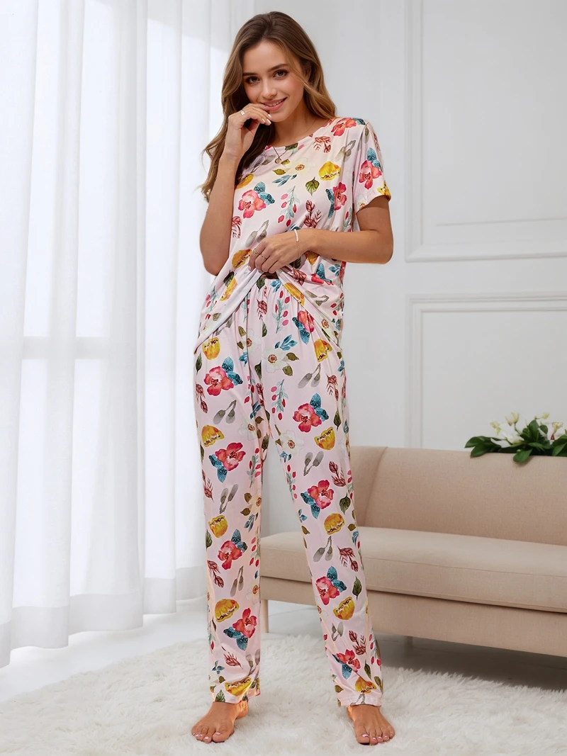 

Cozy Floral Print Satin Pijama Set For Women Short-Sleeve Round Neck Top And Elastic Pant Sotf Homewear Loungewear Autumn Comfy