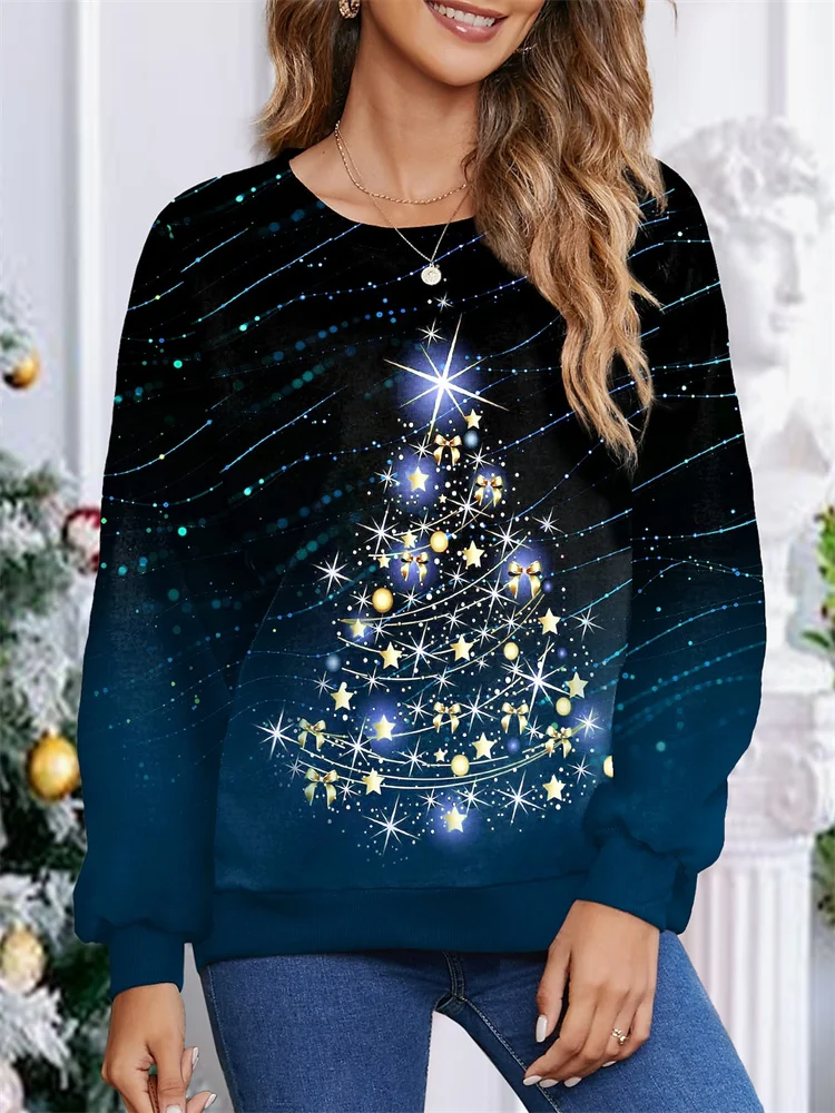 Women's Sweatshirt Festive Holiday Cats Christmas Tree Print Tee Crew Neck Long Sleeve Casual Comfort Winter Apparel Teal Top