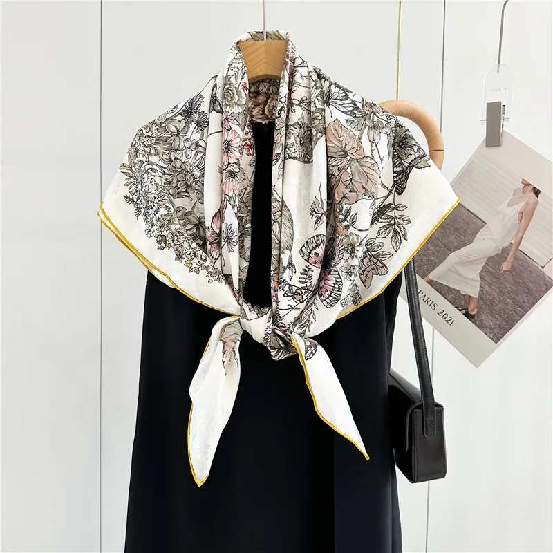 Brand Design Women Fashion Double Side Print Silk Scarves 90*90cm Flower Jacquard Lady Silk Scarf for Head