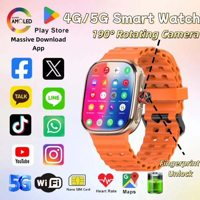

Умные часы P2 Smart Watch 5G с SIM-картой, 2.13'' AMOLED, Ultra 190 ° Выдвижная камера, разблокировка по отпечатку пальца, GPS, Wi-Fi, Google Play, для мужчин и женщин