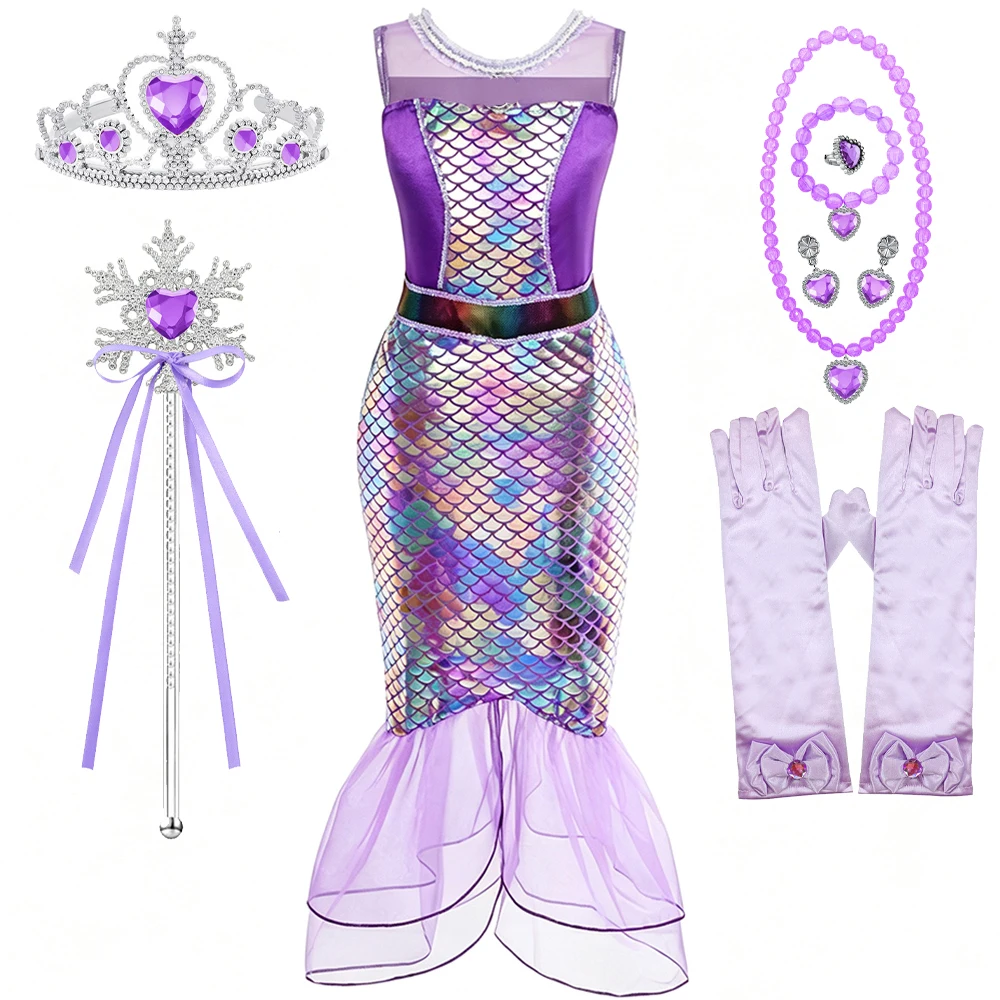 Mädchen Meerjungfrauen-Kostüm-Set mit Zauberstab, Krone, Halskette und Haarreif für Halloween, Karneval, Geburtstagsfeier, Geschenk – Detail 7