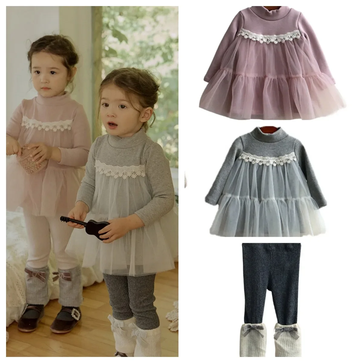 Kids Dresses for Girls 2024 New Baby Girls Velvet Cute Lace Patchwork Mini Dress and Bow Leggings Outfit Set