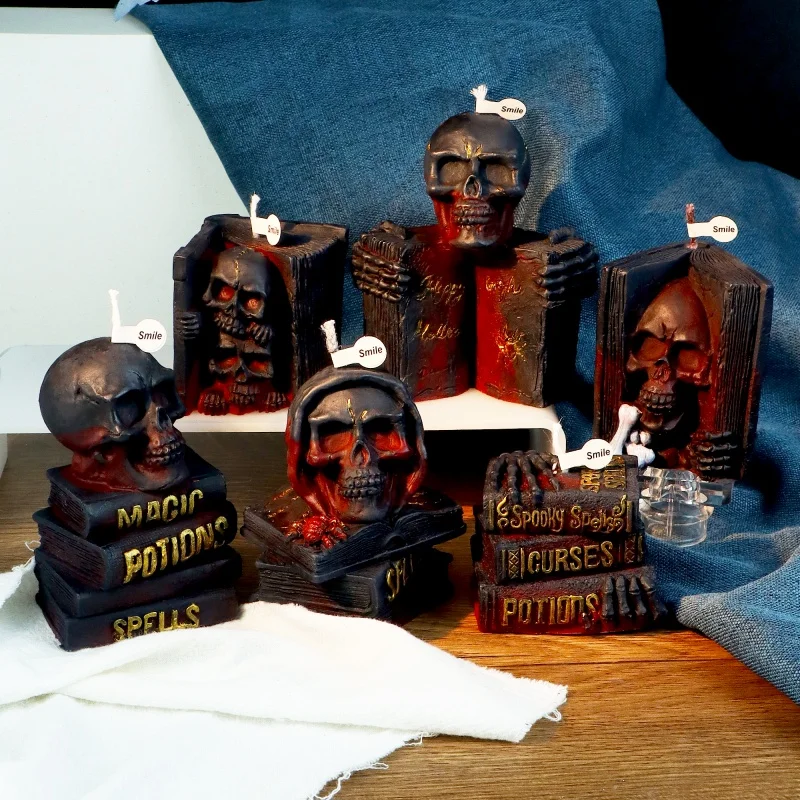 3D Halloween Buch Schädel Silikon Kerze Formen Schädel Hand Lebendige mit Büchern Handwerk Gips Harz Form DIY Kerze Seife Machen Werkzeug