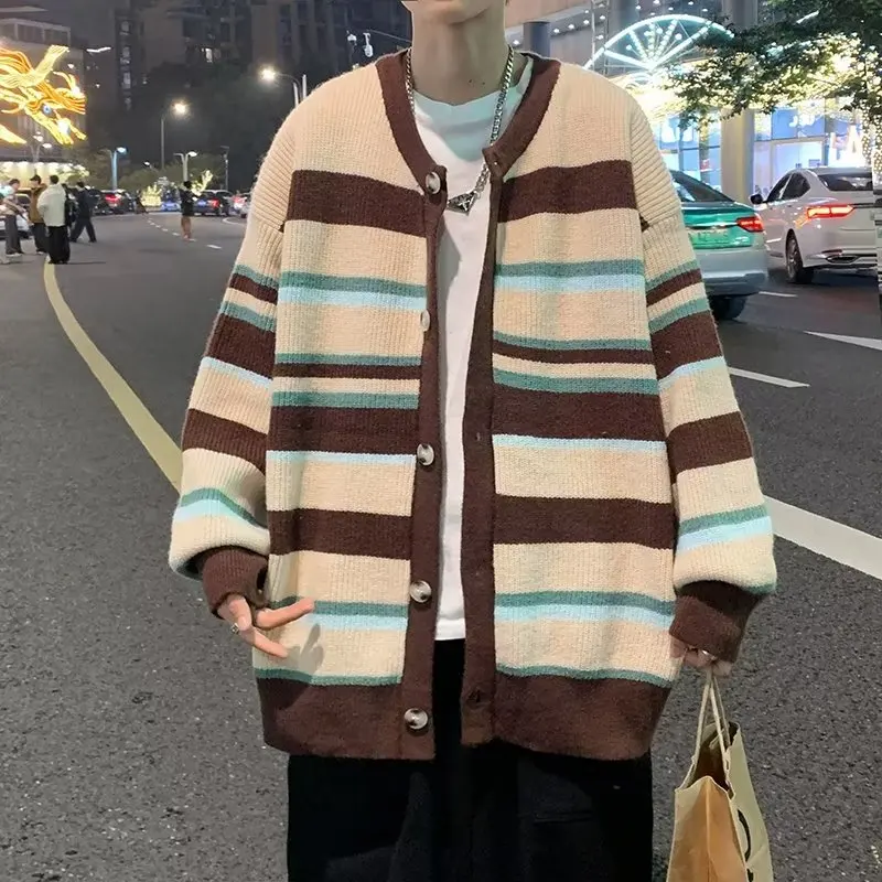 

Винтажный мужской вязаный свитер большого размера, длинный свек, свободная посадка, осенне-зимняя верхняя одежда, удобный ленивый бейсбольный воротник