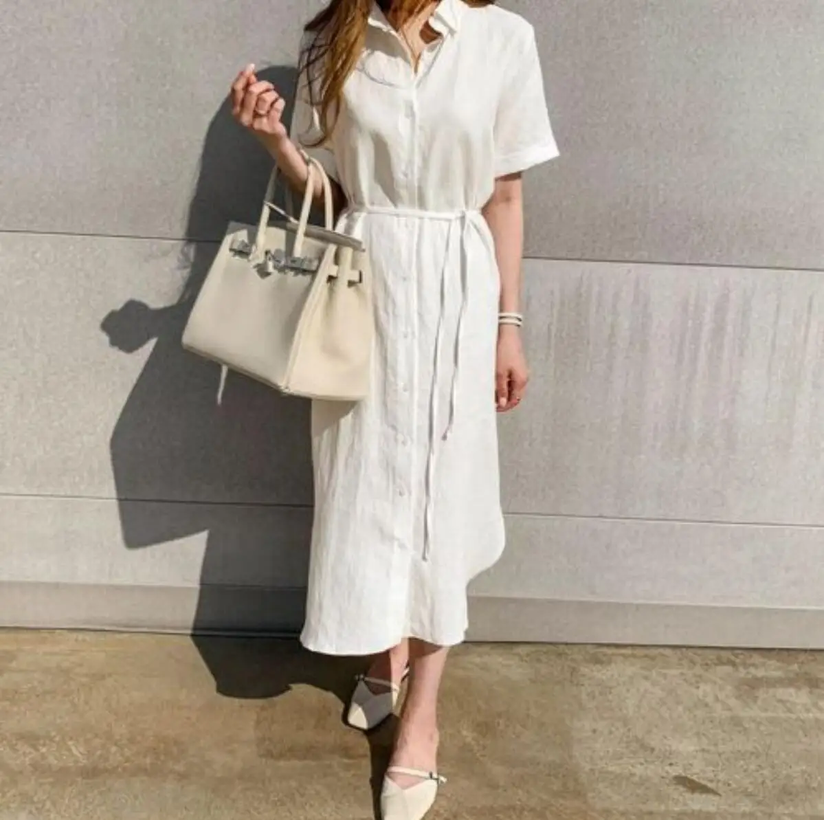 2024 Simple and loose lace-up waist single-breasted short-sleeved linen shirt dress women's clothing women's clothing