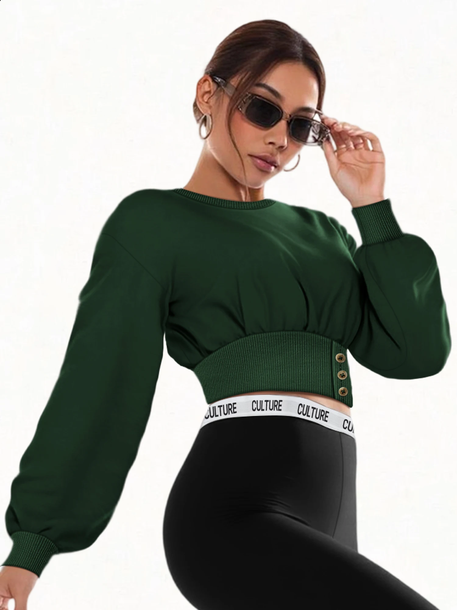Casual Loose Fit Ladies Crop Sweatshirt Crew Neck Long Sleeve Drop‑Shoulder Side Button Accent Ribbed Waist Street‑Style Top
