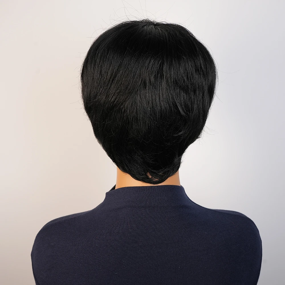 ショートストレート人毛ウィッグ ピクシーカットウィッグ ブラジル産レミーヘア 生え際がプレプラッキングされた女性用ウィッグ 機械製 100%人毛