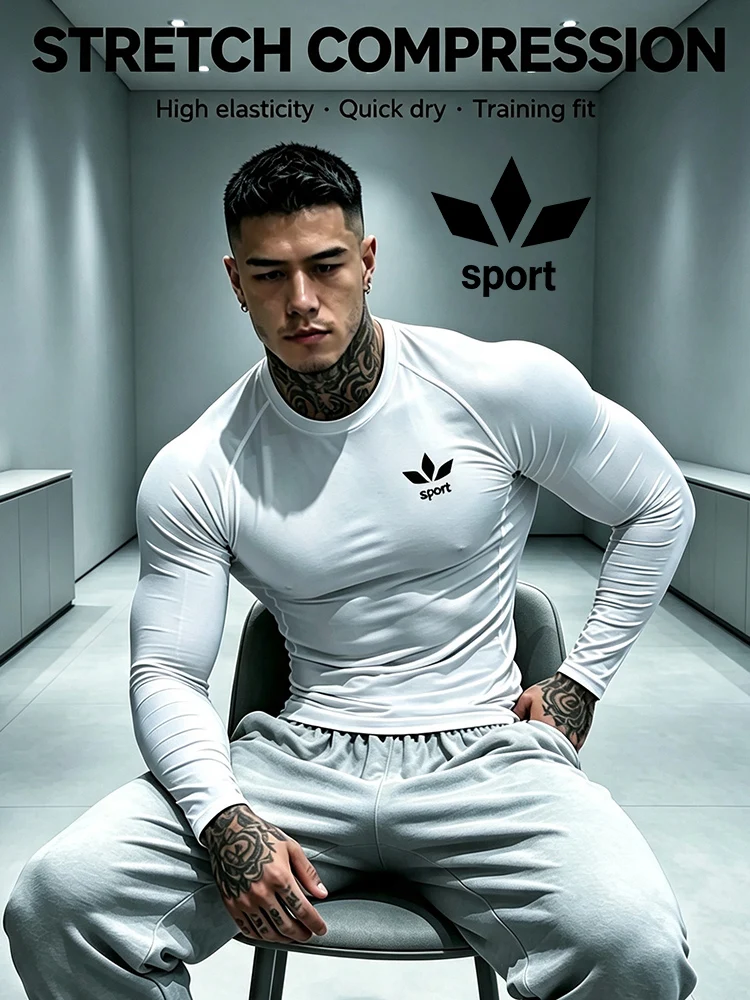 Men Quick Dry Compression Long Sleeve Shirt Stretch  Training Top Gym Workout Running Sports Base Layer Fitness Tee-J40