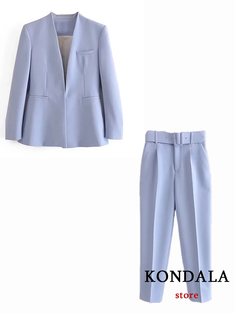 KONDALA Office Lady Light Blue Blazer Suits Women 2 Pieces V Neck Loose Jackets+High Waist Sashes Pants Fashion 2023 Spring Sets