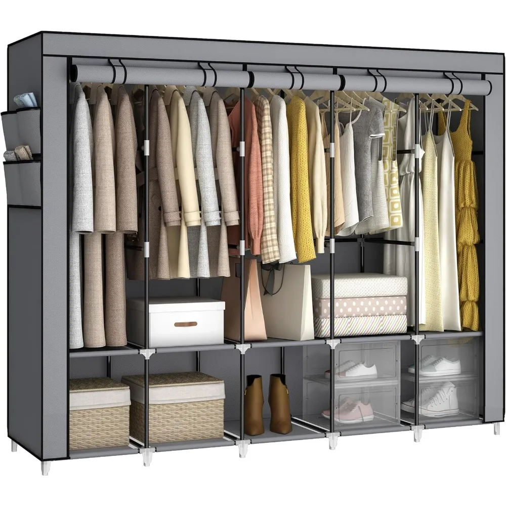 

83" Portable Closet Wardrobe with Non Woven Cover and 4 Side Pockets, 5 Rails, 10 Shelves - Grey Clothes Storage Organizer