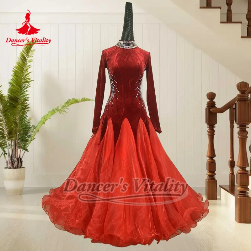 Women Waltz Foxtrot Professional Clothing Adult Advanced Velvet Ballroom High-necked Dance Dresses Customized Dancer's Vitality