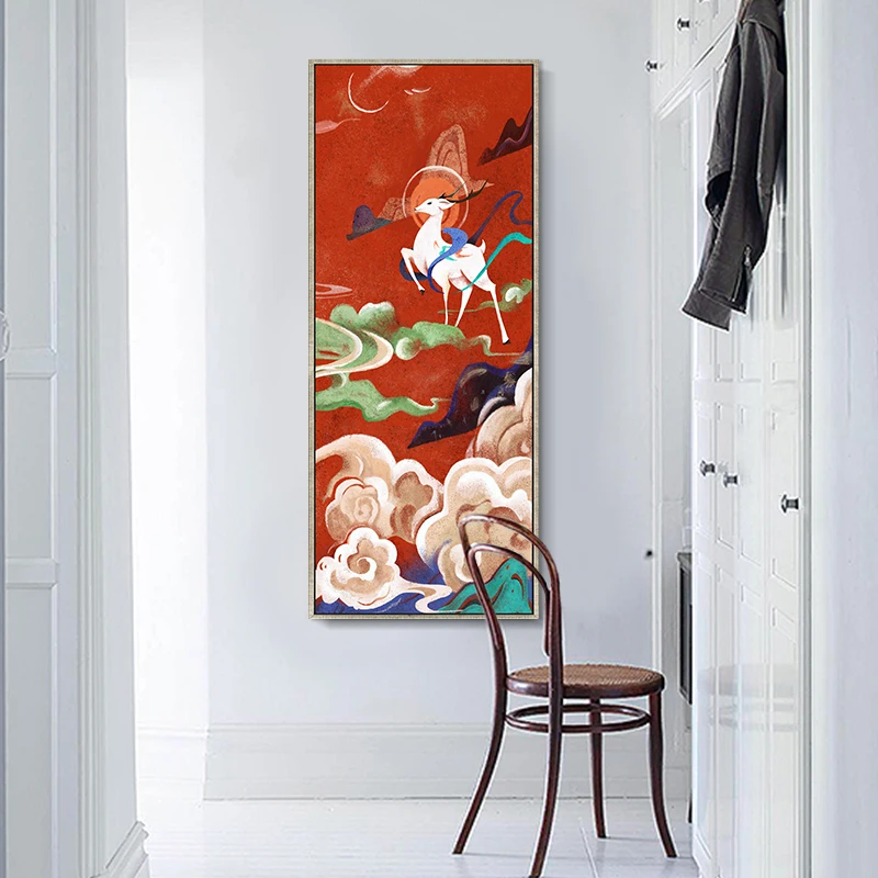 

Dunhuang Nine-Colored Deer Canvas Poster Chinese Style Mythical Deer Painting Entryway Wall Decor New Chinese Art Picture Print
